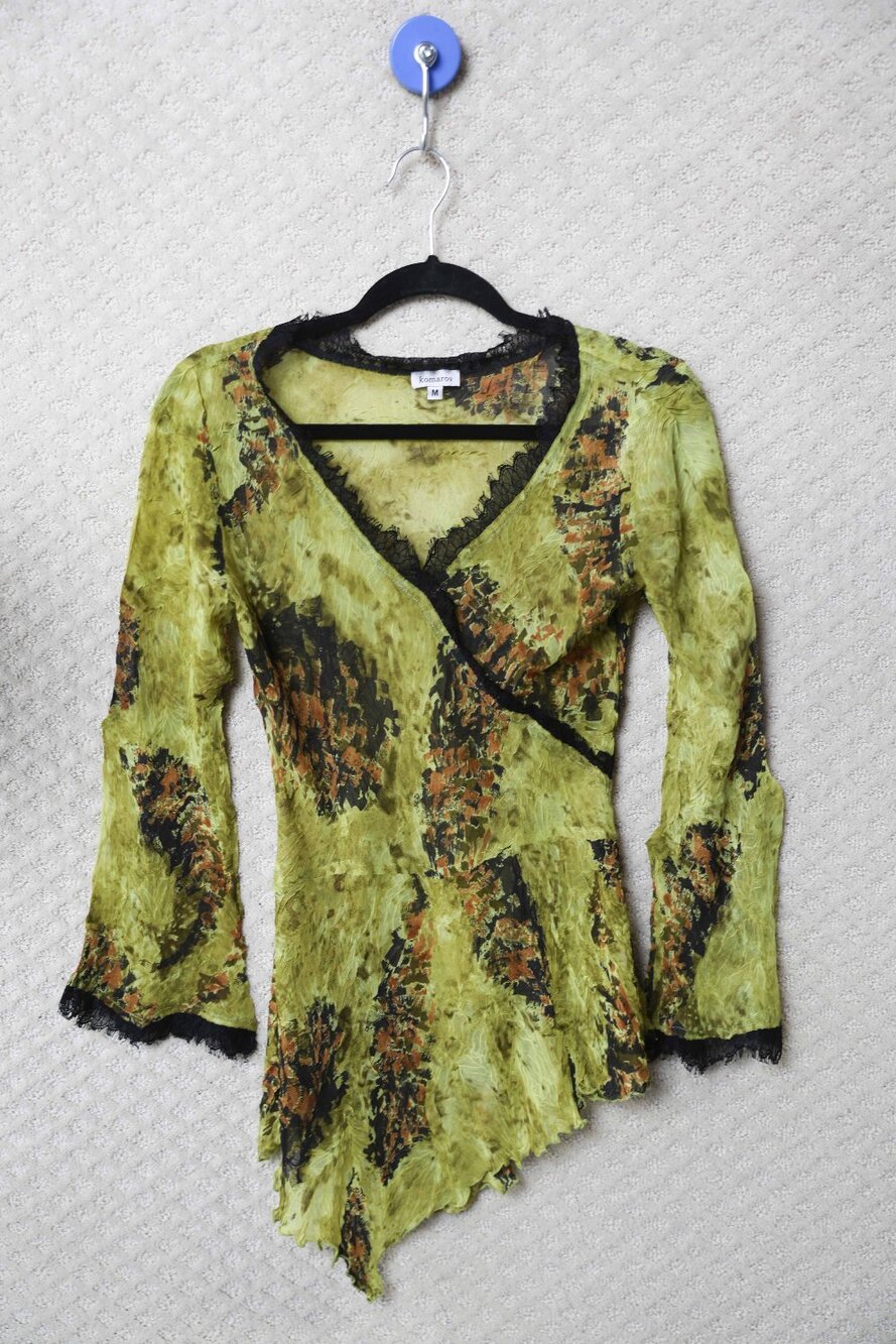 Komarov Pleated Asymmetric Lace Trim Top Green Abstract Flare Sleeve Size M